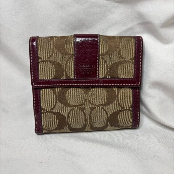Coach Handbags - Coach Vintage Signature Canvas Wallet Burgundy Leather Trim Early 2000s